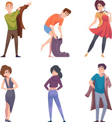 Fitting room. People putting shirts and shoes dressing room in mall exact vector cartoon illustrations