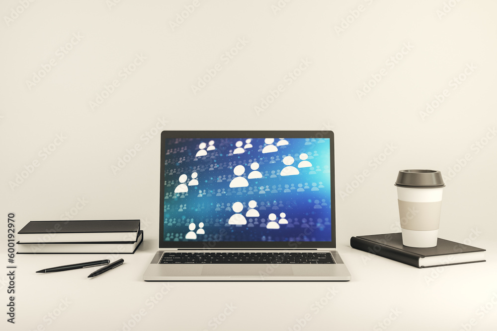 Poster modern computer display with social network icons concept. networking concept. 3d rendering
