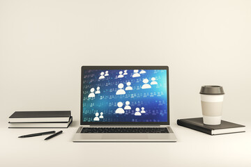 Modern computer display with social network icons concept. Networking concept. 3D Rendering