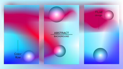 Abstract holographic poster with gradient mesh and pearlescent spheres. Iridescent graphic design set template for cover, voucher, banner, wallpaper, presentation, web, ui. Trendy vector background