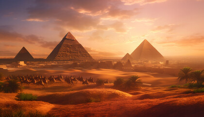 Landscape recreation of egyptian pyramids at sunset. Illustration AI