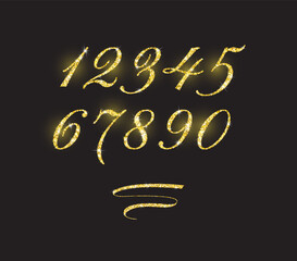 Realistic shining golden glitter numbers 1, 2, 3, 4, 5, 6, 7, 8, 9, 0. Set of isolated vector objects one, two, three, four, five, six, seven, eight, nine, zero for decoration, celebration design.