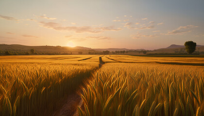 Artistic recreation of golden wheat spikes plantation at sunset. Illustration AI