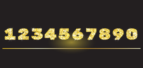 Realistic shining golden glitter numbers 1, 2, 3, 4, 5, 6, 7, 8, 9, 0. Set of isolated vector objects one, two, three, four, five, six, seven, eight, nine, zero for decoration, celebration design.
