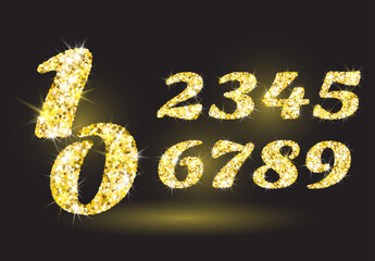 Realistic shining golden glitter numbers 1, 2, 3, 4, 5, 6, 7, 8, 9, 0. Set of isolated vector objects one, two, three, four, five, six, seven, eight, nine, zero for decoration, celebration design.