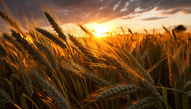 Artistic recreation of landscape of wheat spikes in plantation at sunset. Illustration AI