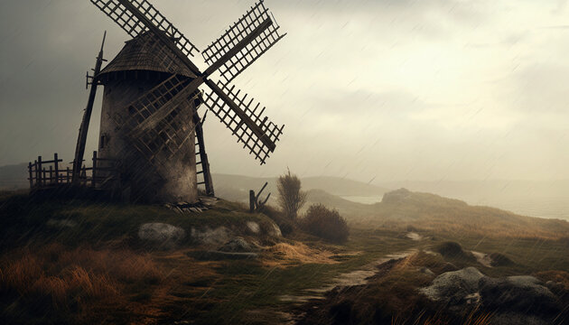 Tenebrist recreatin artistic of ancient european windmill a cloudy day. Illustration AI