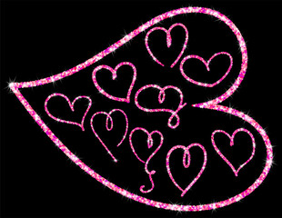 Handdrawn trendy pink glitter line hearts, isolated design objects. Shimmer vector outline..