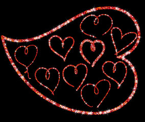 Handdrawn trendy red glitter line hearts, isolated design objects . Shimmer vector outline.