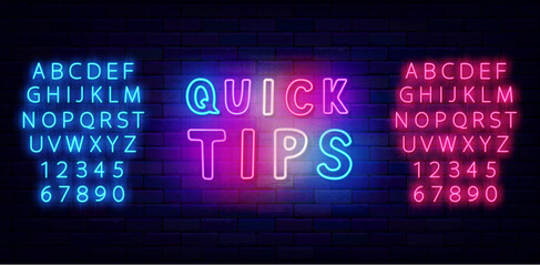 Quick tips neon label. Colorful handwritten text. Idea and help center. Shiny blue and pink font. Vector illustration