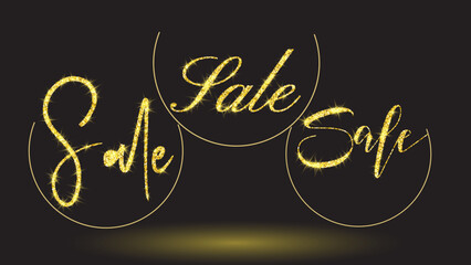 Vector set of realistic shining golden glitter sale icons. Sale banner luxury design. Sparkling isolated text template on a black background.
