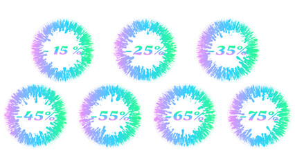 Vector set of vibrant gradient splatter sale icons 15%, 25%, 35%, 45%, 55%, 65%, 75% off. Discount blots tags, colorful special offer labels. Isolated splash signs for design template.