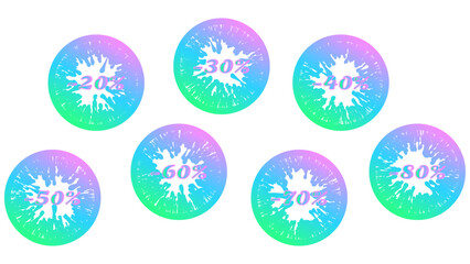 Vector set of vibrant gradient splatter sale icons 20%, 30%, 40%, 50%, 60%, 70%, 80% off. Discount blots tags, colorful special offer labels. Isolated splash signs for design template.