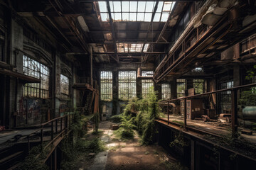 An abandoned factory with plants growing inside. Created with Generative AI.