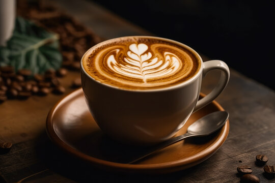 A cup of coffee with a latte art inside. Created with Generative AI.