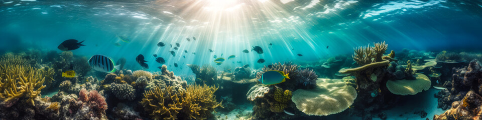 Fototapeta na wymiar Discover this colorful coral reef, illuminated by the sunlight filtering through the surface water. A fascinating underwater scene full of life. Generative AI