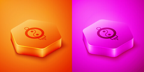 Isometric Chinese paper lantern icon isolated on orange and pink background. Hexagon button. Vector