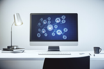 Fototapeta premium Modern computer monitor with social network icons concept. Marketing and promotion concept. 3D Rendering