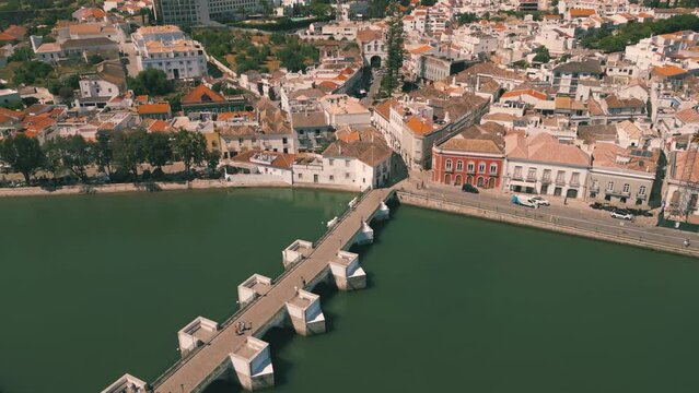 Aerial view of bridge over the river in Tavira, Portugal