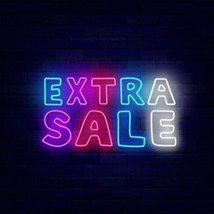Fototapeta na wymiar Extra Sale neon label on brick wall. Special offer emblem. Marketing. Colorful handwritten text. Vector illustration