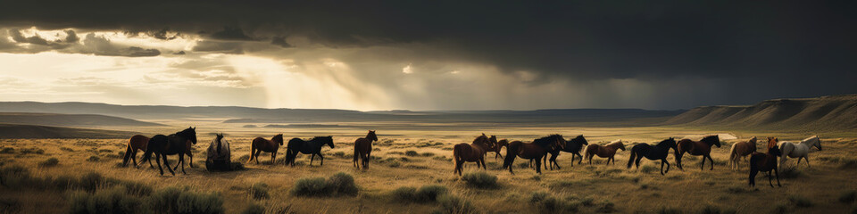 Fototapeta na wymiar A wild steppe unveiled by the wind, with horses running free under a stormy sky creating a breathtaking dramatic landscape. Generative AI