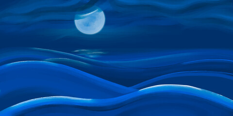 Illustration. Moonlit night at sea. Glare on the water, clouds illuminated by the moon.