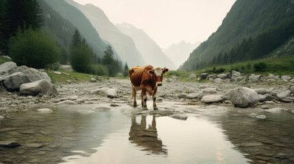 Obraz premium Serenity Amidst Mountains: Cows Grazing in a River. Generative AI