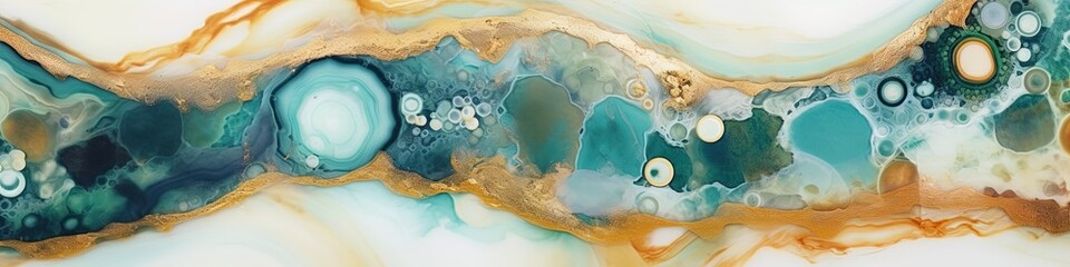 Pattern of marble, geology structure, precious textured landscape. Turquoise and gold smooth liquid pattern. Generative Ai.