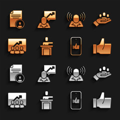 Set Speaker, Hand for search people, like, Project team base, Head hunting, Resume and Team leader icon. Vector