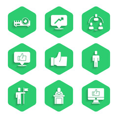 Set Hand like, Speaker, Head hunting, Team leader, Project team base and Media projector icon. Vector