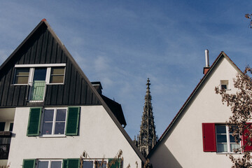 Beautiful old wooden beam houses with white and orange plaster. Fishermen's Quarter. Ulmer Stadtmauer. Fachwerk. Ulmer Muenster