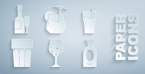Set Glass of champagne, juice, with water, Alcohol drink Rum, Cocktail and Champagne bottle and glass icon. Vector