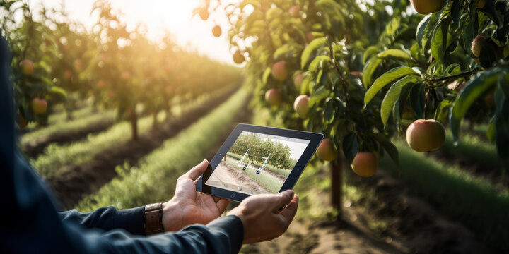Man controlling a drone in lab to monitor kiwi orchard. Realistic photo illustrating advanced tech, data processing and precision agriculture. Generative AI