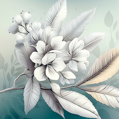 Branch with white flowers. Ornament. 3d.    generative ai