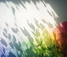 Multi-colored shadows on from plants on a white wall on a sunny day. Banner.     Generative AI