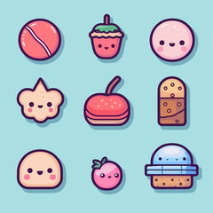 Cute various icons in kawaii style