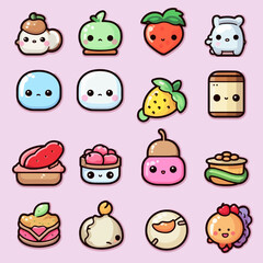 Cute various icons in kawaii style