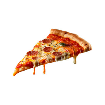 A hot pizza slice with dripping melted cheese. Isolated on white background. generative ai