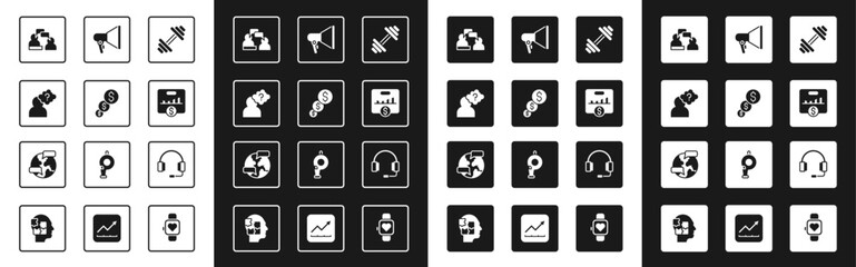 Set Dumbbell, Financial growth and dollar, Head with question mark, Two sitting men talking, Key performance indicator, Megaphone, Headphones and Worldwide icon. Vector