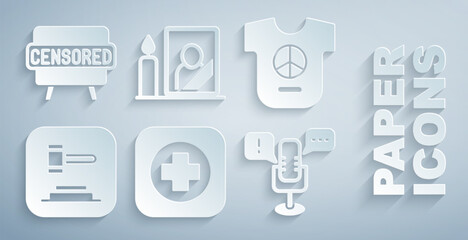 Set Hospital signboard, Peace, Judge gavel, Freedom of speech, Mourning photo frame and Censored stamp icon. Vector