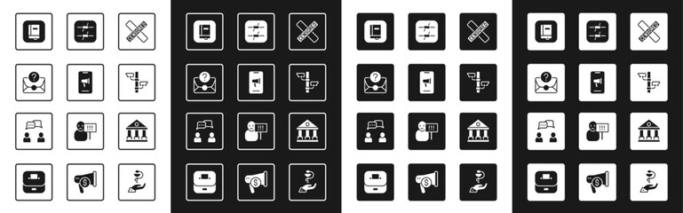 Set Censored stamp, Protest, Envelope with question mark, Law book, Security camera, Barbed wire, Courthouse building and Speech bubble chat icon. Vector