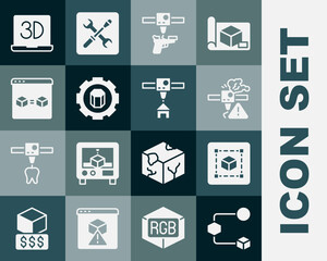 Set Isometric cube, Geometric figure Cube, 3D printer warning, gun, setting, perfect copy, and house icon. Vector