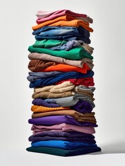 an extremely tall stack of neatly folded clothing towering on a clean white background, generative ai - obrazy, fototapety, plakaty