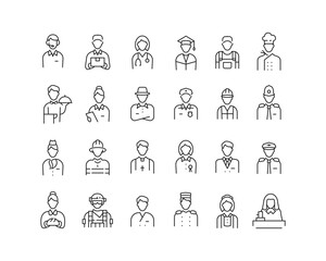 People and Occupations Icon collection containing 16 editable stroke icons. Perfect for logos, stats and infographics. Edit the thickness of the line in Adobe Illustrator (or any vector capable app).