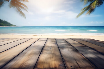 Empty dark rustic wood table in a tropical sunny beach with palms and blurred background, ai generative illustration