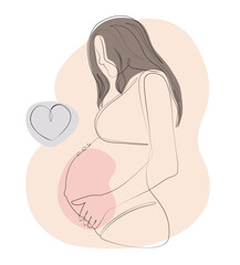 A pregnant woman is drawn with one line on a background of warm pastel shades