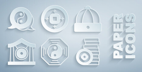 Set Yin Yang symbol, Chinese hat, Gong musical instrument, Yuan currency, and icon. Vector