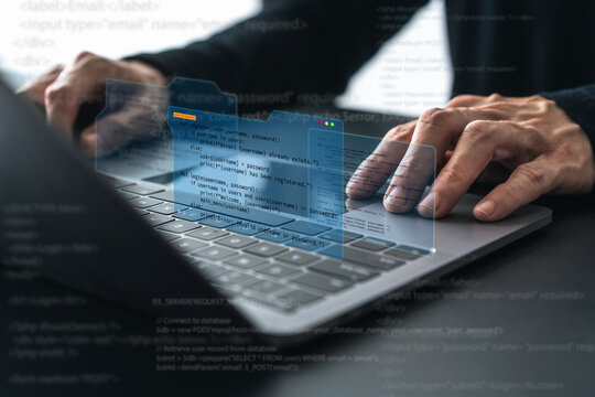 Software developer or programmer coding program with laptop. Create Intelligence innovation. Computer programming, development software engineer and architecture, digital data technology management