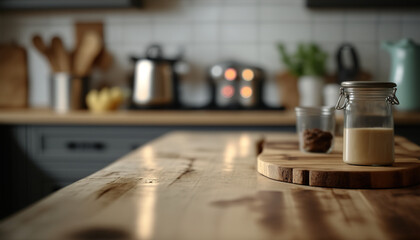 Obraz premium Empty rustic wood table in a kitchen with blurred background, ai generative illustration