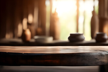 Obraz na płótnie Canvas Empty rustic wood table in a sunny spa, blurred background, ai generative illustration